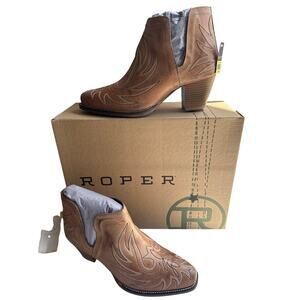 Roper Rowdy Booties Womens 8 Tan Leather Snip Toe Black Embroidery Ankle Cut Out